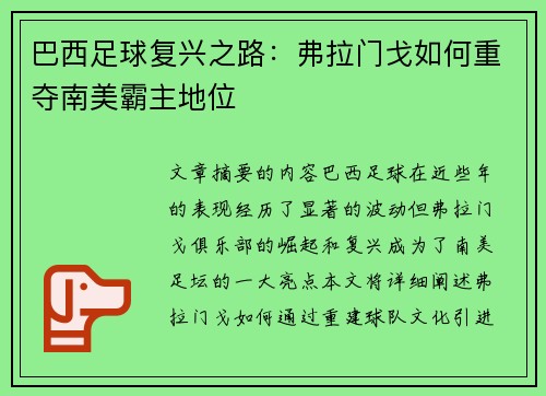 巴西足球复兴之路：弗拉门戈如何重夺南美霸主地位
