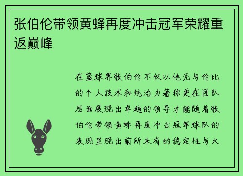 张伯伦带领黄蜂再度冲击冠军荣耀重返巅峰